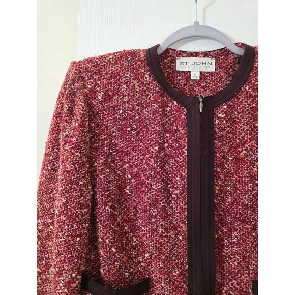 ST. JOHN Claret Red Black Tweed Boucle Wool Blend Knit Zip Front Jacket 10 - Picture 3 of 10